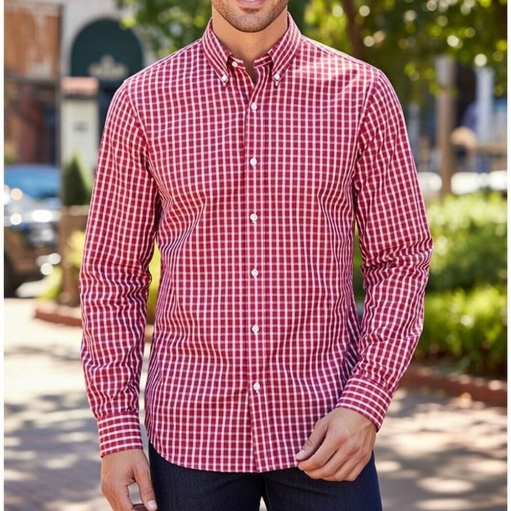 🌟Banana Republic Men M Slim Fit Red Gingham Check LS Button Down Dress Shirt